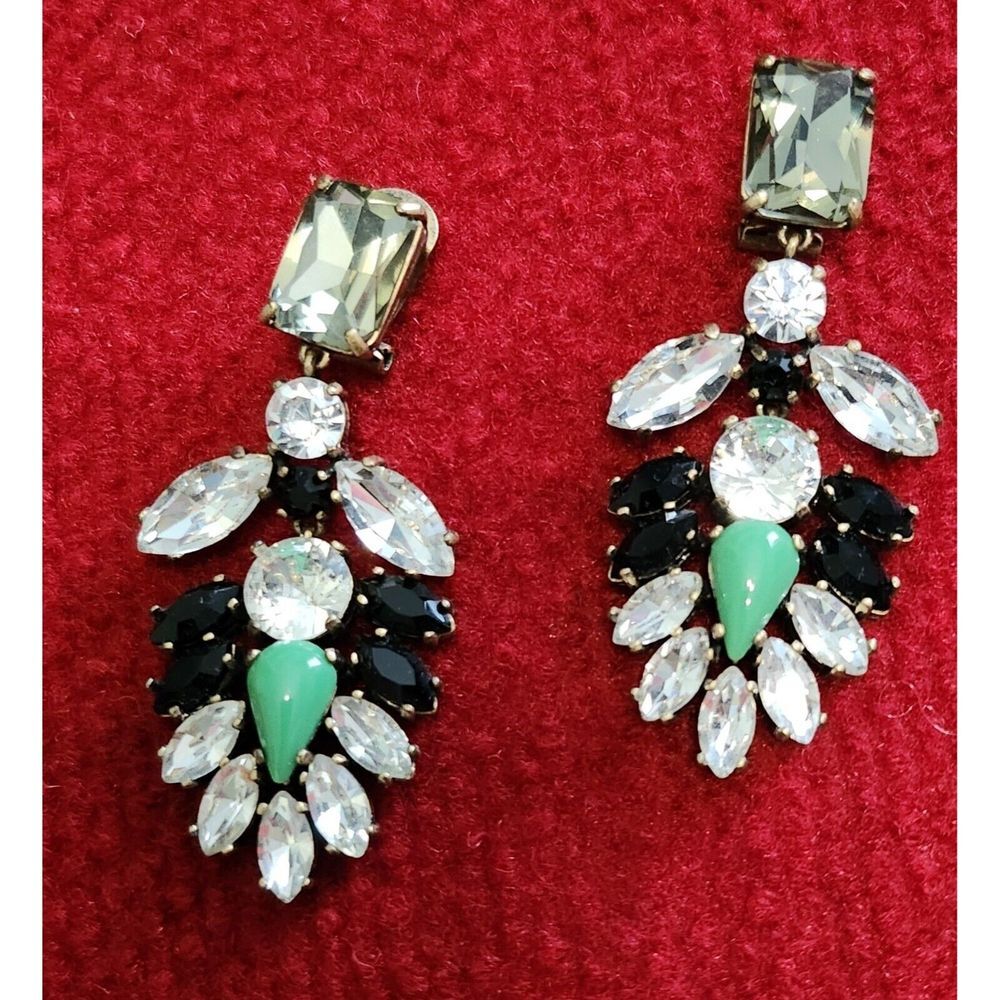 J.Crew Statement Clip-On Earrings With Crystals & Green Accents Formalwear